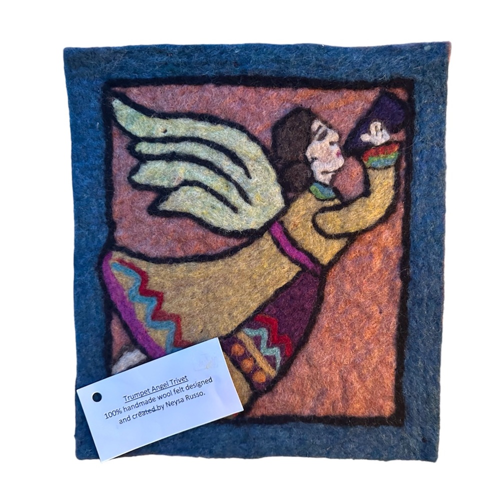 Neysa Russo Medieval Angel felted Wool Square Folk Art Wall Hanging Tapestry